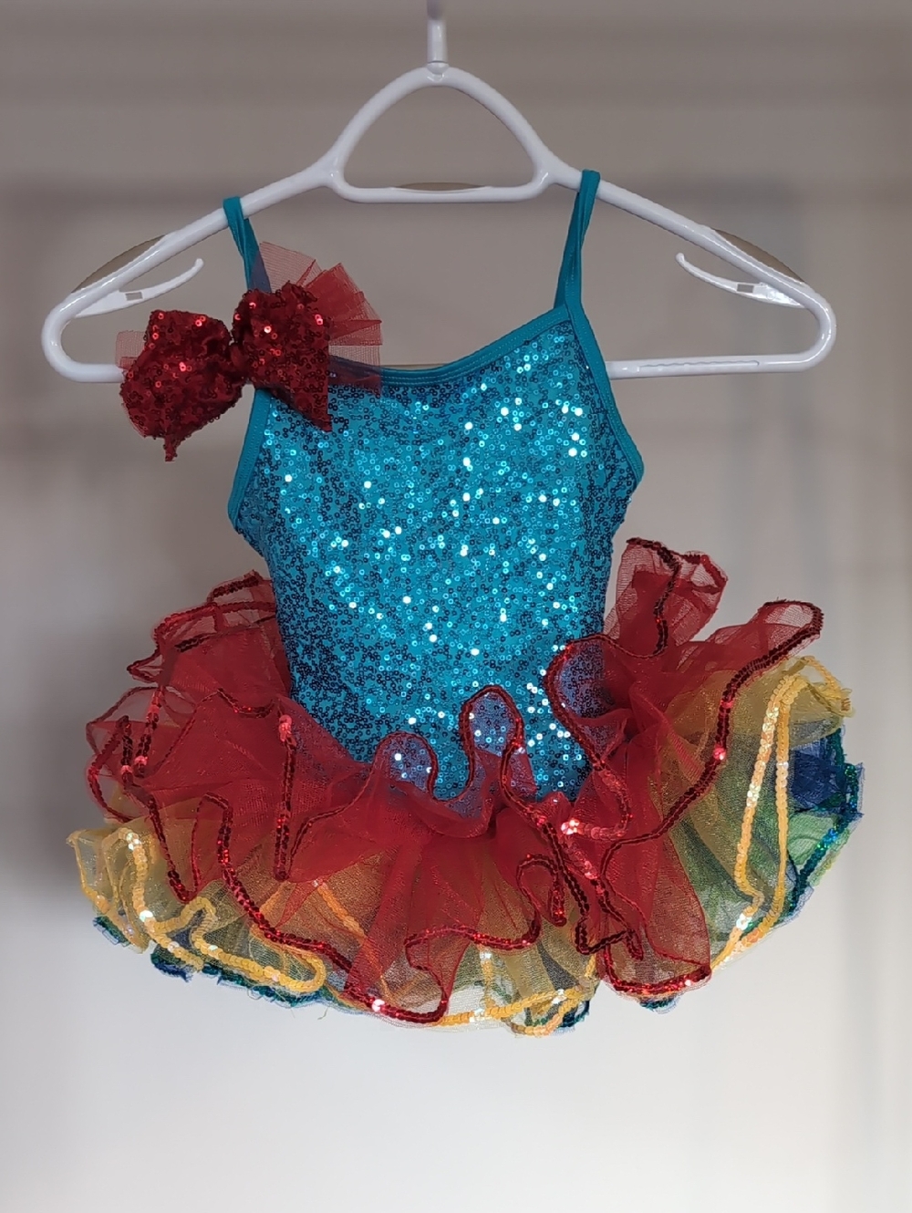 Kids Sequin Teal & Red Tutu Costume with Rainbow Accents